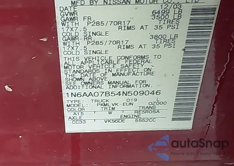 2004 Nissan Titan Le z USA, uszkodzony, nr VIN 1N6AA07B54N509046